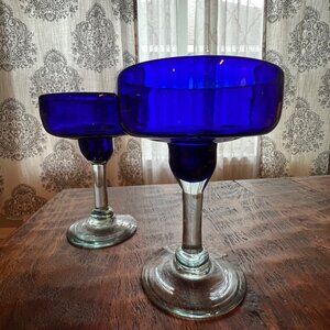 Set Of 2 Mouth Blown Cobalt Blue Glass Margarita Glasses